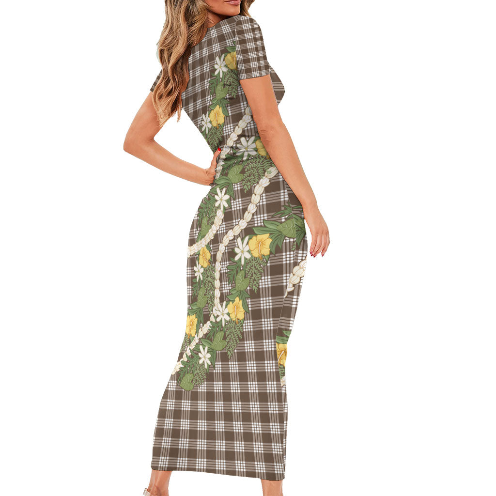 Aloha Puakenikeni Anthurium Pikake Lei Short Sleeve Bodycon Dress Chocolate Hawaiian Palaka Pattern LT9 - Polynesian Pride