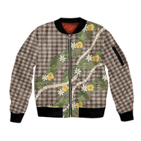 Aloha Puakenikeni Anthurium Pikake Lei Sleeve Zip Bomber Jacket Chocolate Hawaiian Palaka Pattern LT9 Unisex Chocolate - Polynesian Pride