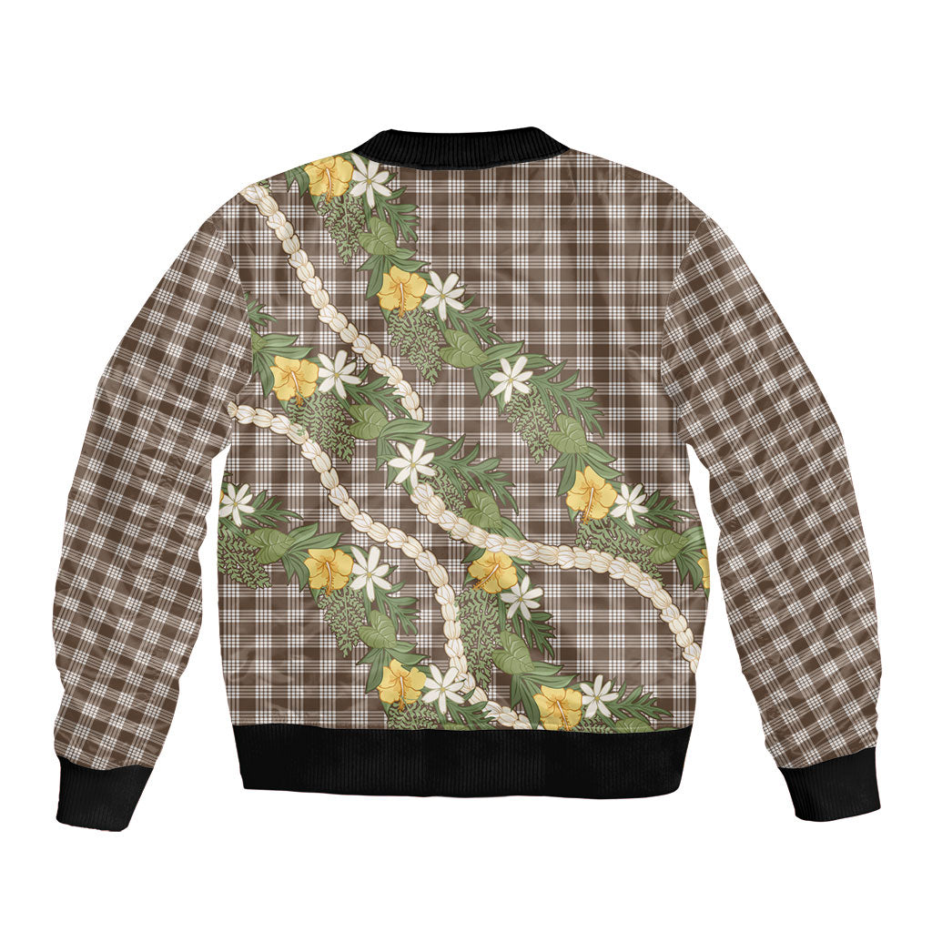 Aloha Puakenikeni Anthurium Pikake Lei Sleeve Zip Bomber Jacket Chocolate Hawaiian Palaka Pattern LT9 - Polynesian Pride