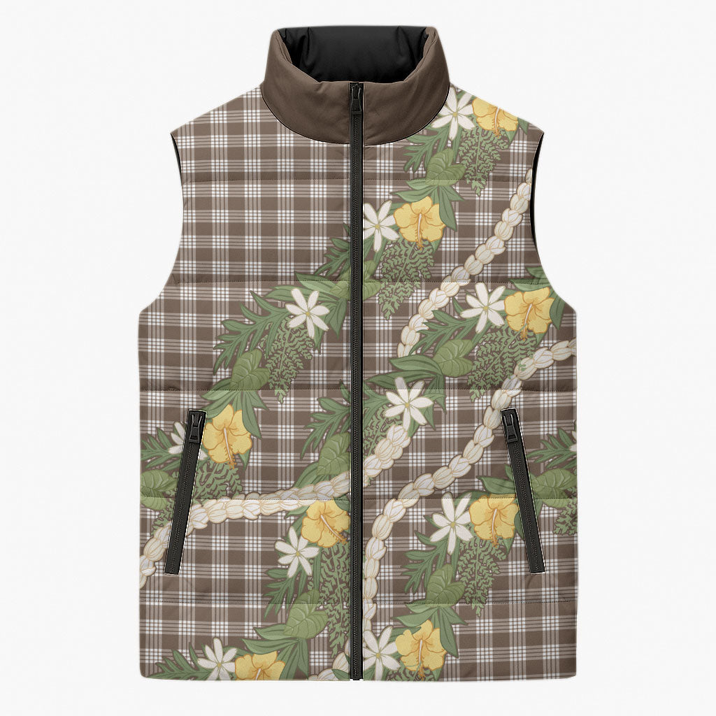 Aloha Puakenikeni Anthurium Pikake Lei Sleeveless Puffer Jacket Chocolate Hawaiian Palaka Pattern