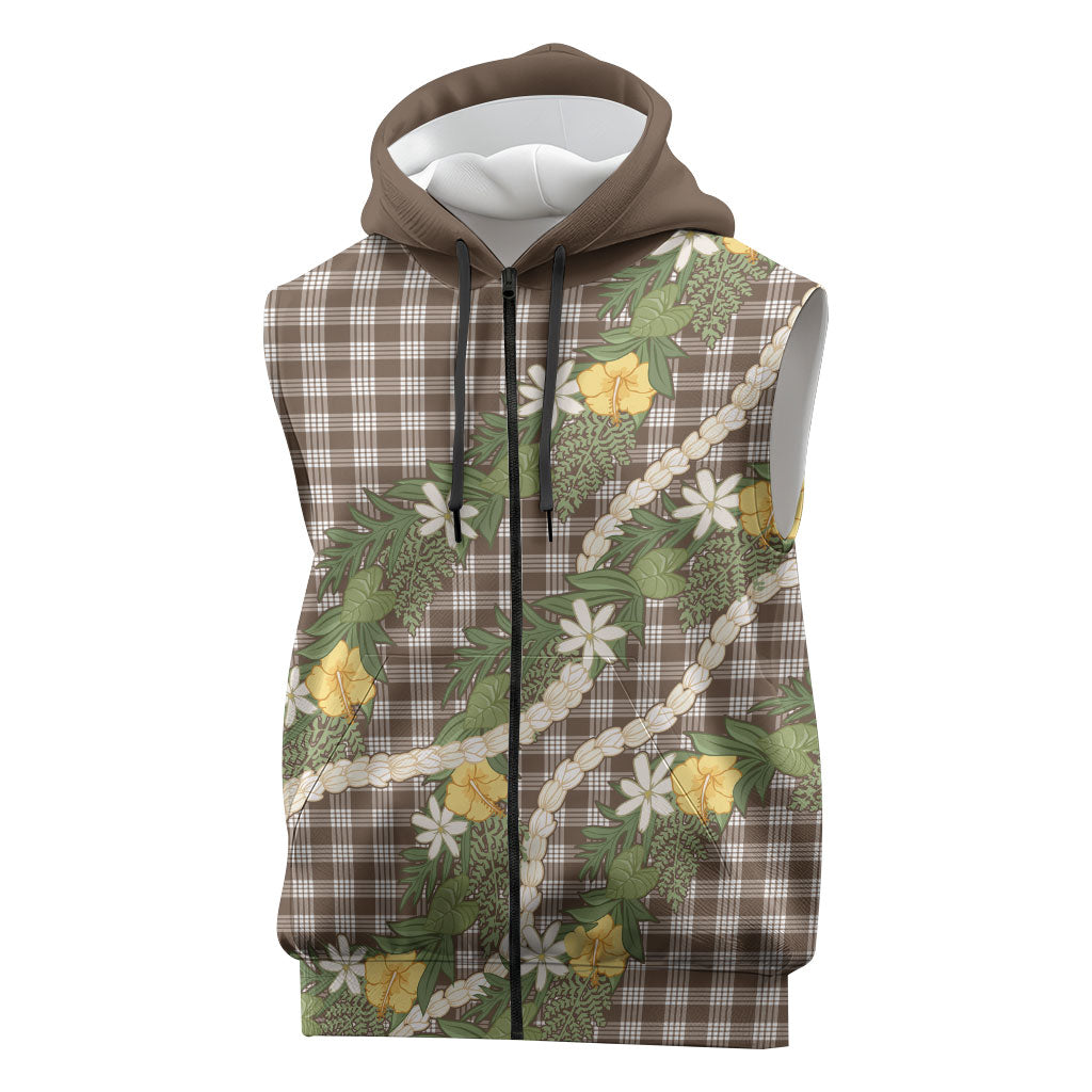 Aloha Puakenikeni Anthurium Pikake Lei Sleeveless Zip Hoodie Chocolate Hawaiian Palaka Pattern LT9 Chocolate - Polynesian Pride