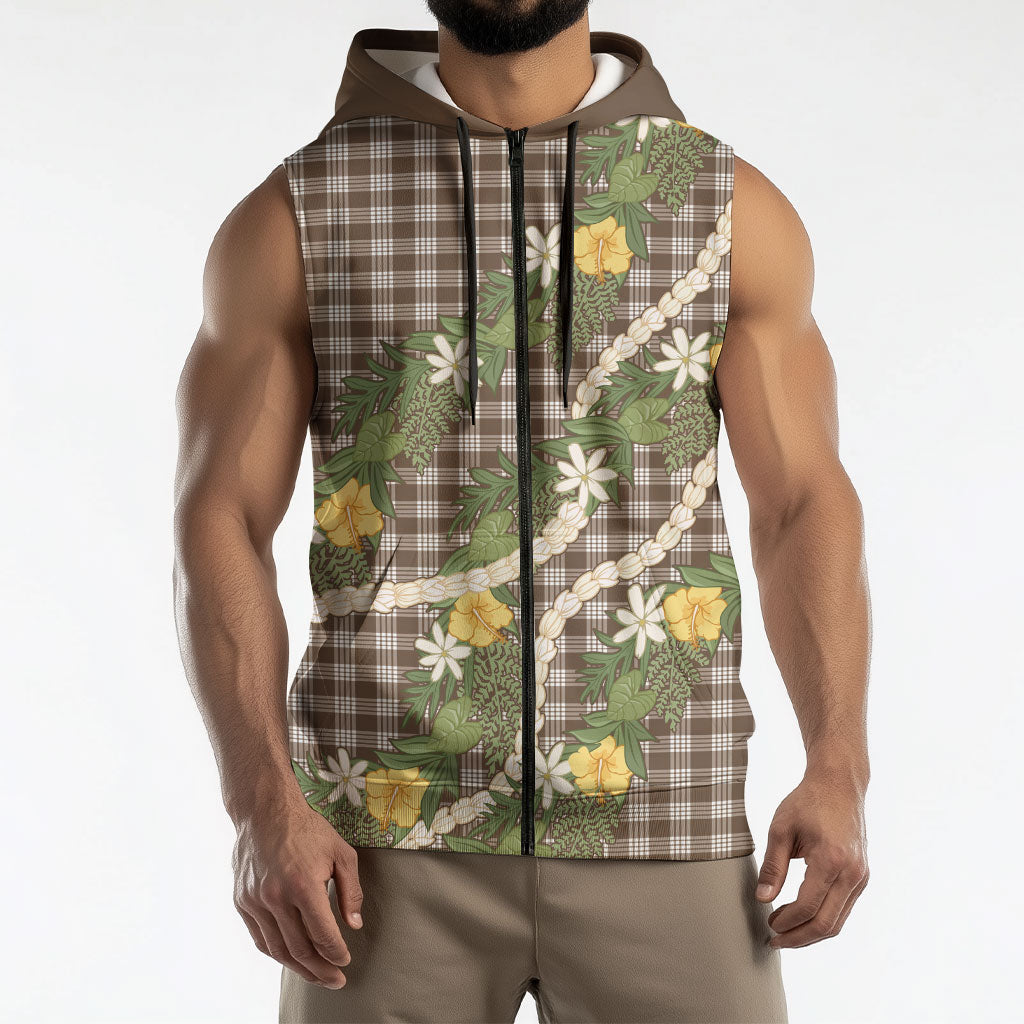 Aloha Puakenikeni Anthurium Pikake Lei Sleeveless Zip Hoodie Chocolate Hawaiian Palaka Pattern LT9 - Polynesian Pride