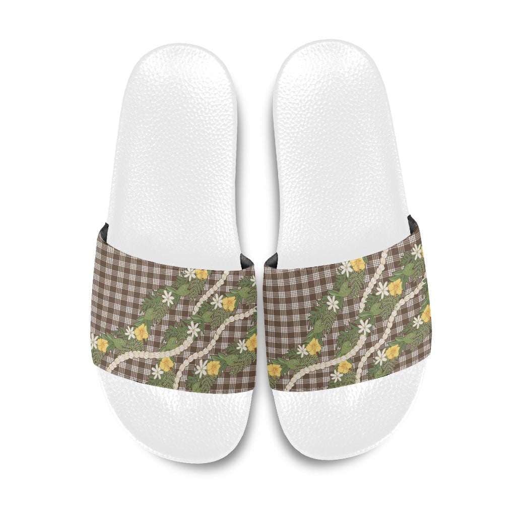 Aloha Puakenikeni Anthurium Pikake Lei Slide Sandals Chocolate Hawaiian Palaka Pattern LT9 Chocolate - Polynesian Pride