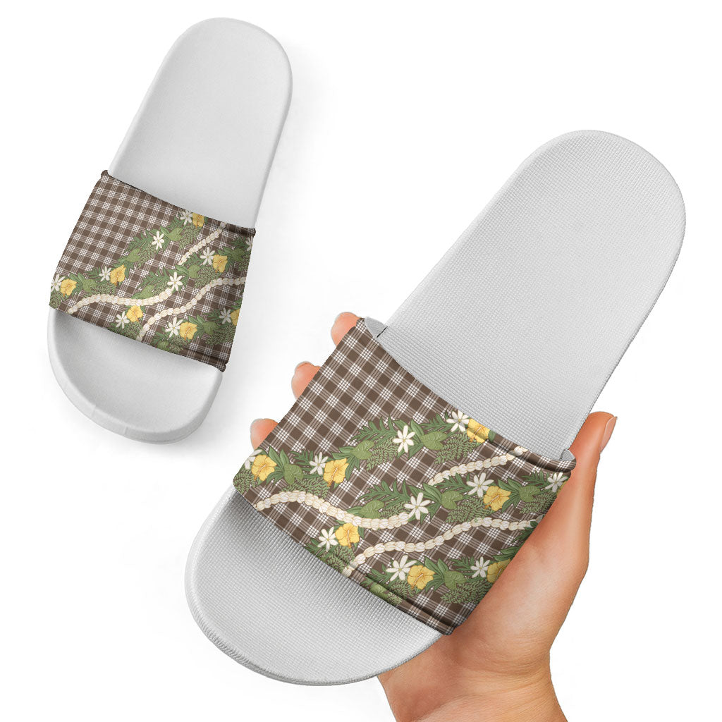 Aloha Puakenikeni Anthurium Pikake Lei Slide Sandals Chocolate Hawaiian Palaka Pattern LT9 - Polynesian Pride