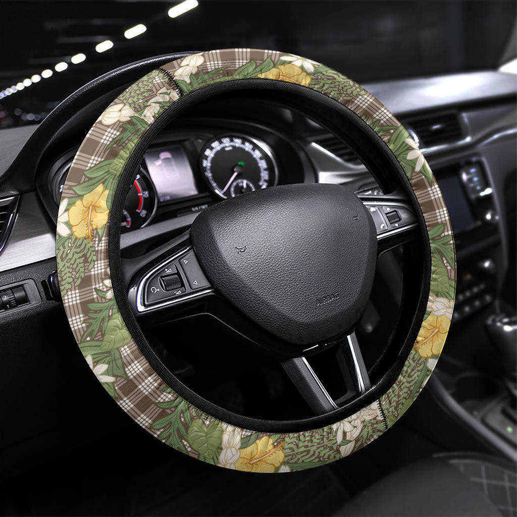 Aloha Puakenikeni Anthurium Pikake Lei Steering Wheel Cover Chocolate Hawaiian Palaka Pattern
