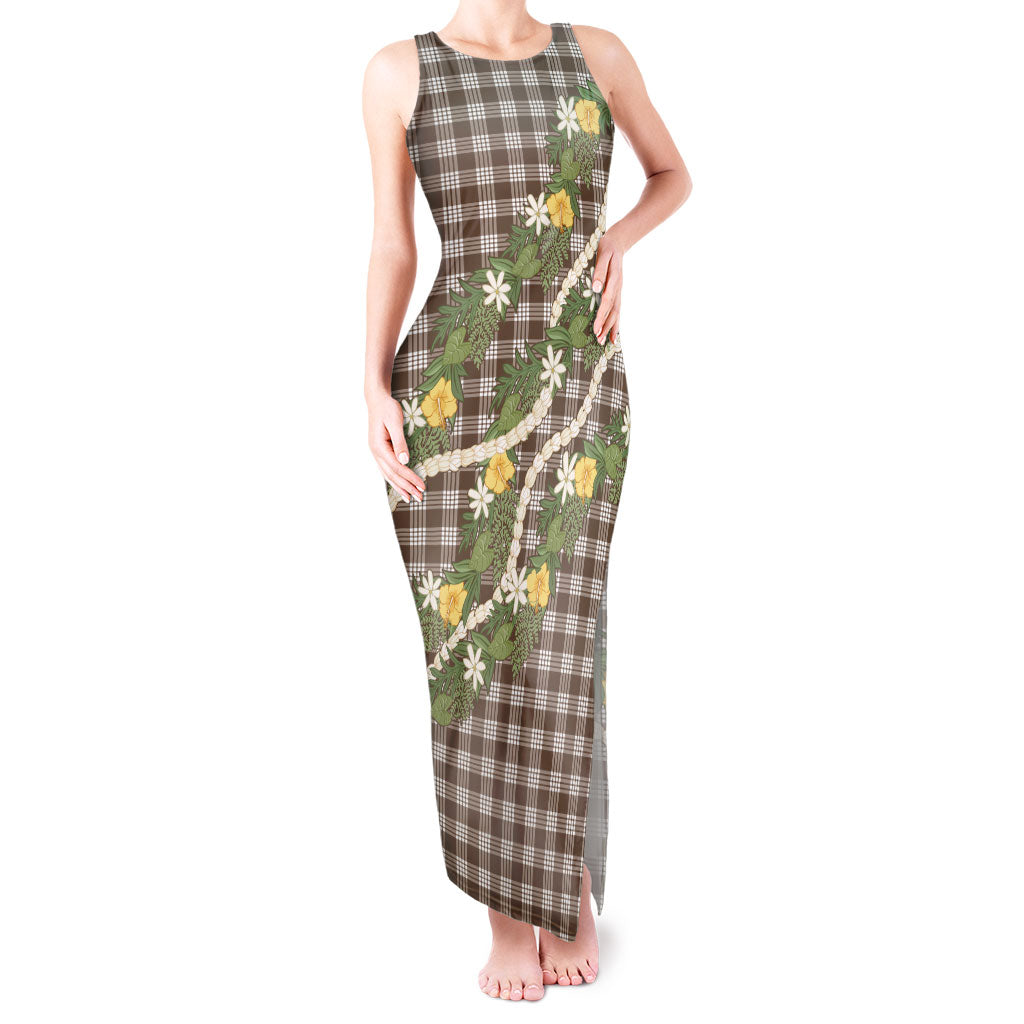 Aloha Puakenikeni Anthurium Pikake Lei Tank Maxi Dress Chocolate Hawaiian Palaka Pattern LT9 Women Chocolate - Polynesian Pride