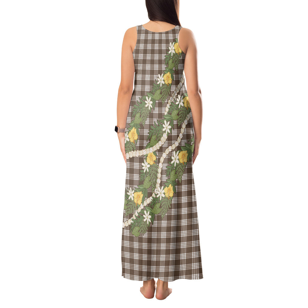 Aloha Puakenikeni Anthurium Pikake Lei Tank Maxi Dress Chocolate Hawaiian Palaka Pattern