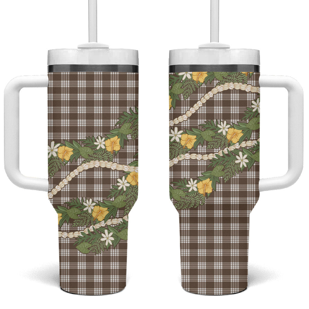 Aloha Puakenikeni Anthurium Pikake Lei Tumbler With Handle Chocolate Hawaiian Palaka Pattern LT9 One Size: 40 oz Chocolate - Polynesian Pride