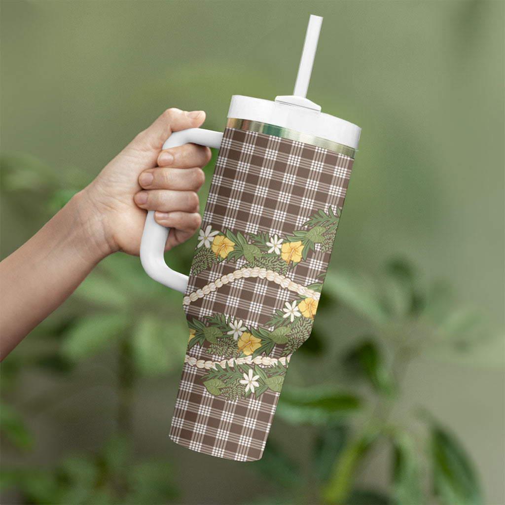 Aloha Puakenikeni Anthurium Pikake Lei Tumbler With Handle Chocolate Hawaiian Palaka Pattern