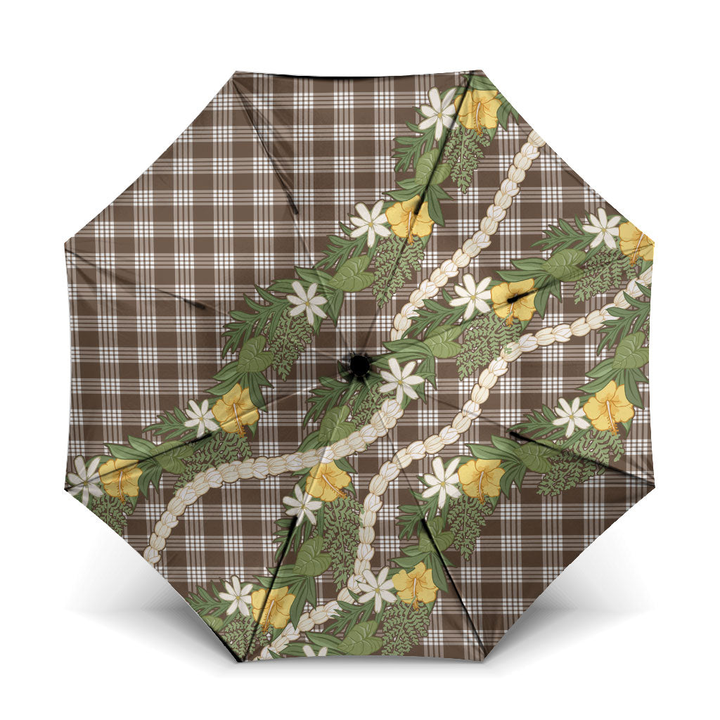 Aloha Puakenikeni Anthurium Pikake Lei Umbrella Chocolate Hawaiian Palaka Pattern LT9 One Size Folded 11.42 inch Opened Diameter 37.4 inch Chocolate - Polynesian Pride