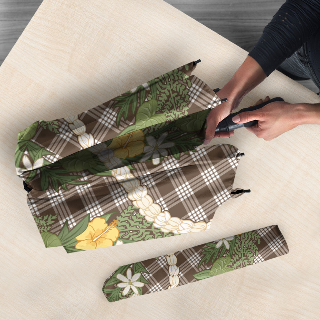Aloha Puakenikeni Anthurium Pikake Lei Umbrella Chocolate Hawaiian Palaka Pattern