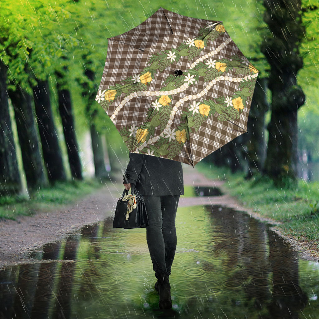 Aloha Puakenikeni Anthurium Pikake Lei Umbrella Chocolate Hawaiian Palaka Pattern