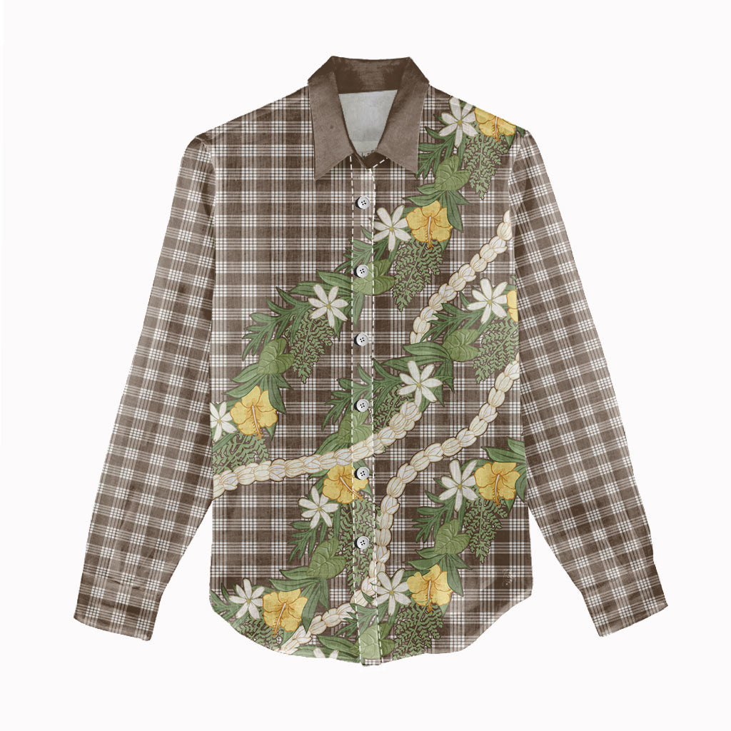 Aloha Puakenikeni Anthurium Pikake Lei Women Casual Shirt Chocolate Hawaiian Palaka Pattern