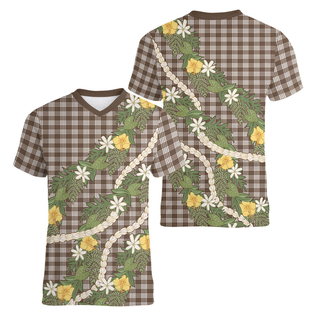 Aloha Puakenikeni Anthurium Pikake Lei Women V-Neck T-Shirt Chocolate Hawaiian Palaka Pattern