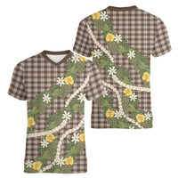 Aloha Puakenikeni Anthurium Pikake Lei Women V-Neck T-Shirt Chocolate Hawaiian Palaka Pattern