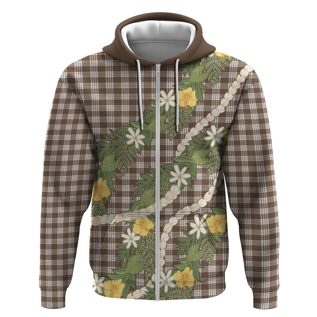 Aloha Puakenikeni Anthurium Pikake Lei Zip Hoodie Chocolate Hawaiian Palaka Pattern