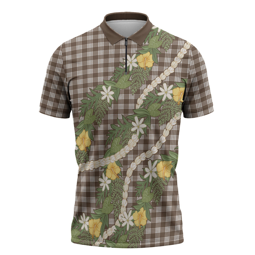 Aloha Puakenikeni Anthurium Pikake Lei Zipper Polo Shirt Chocolate Hawaiian Palaka Pattern LT9 Chocolate - Polynesian Pride