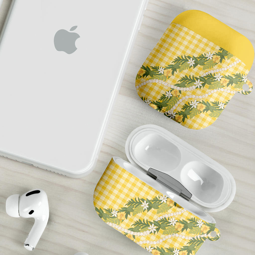 Aloha Puakenikeni Anthurium Pikake Lei AirPods Case Gold Hawaiian Palaka Pattern