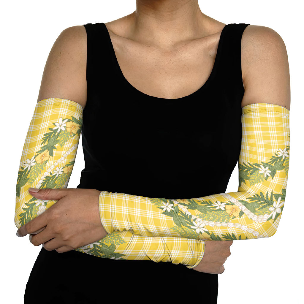 Aloha Puakenikeni Anthurium Pikake Lei Arm Sleeves Gold Hawaiian Palaka Pattern