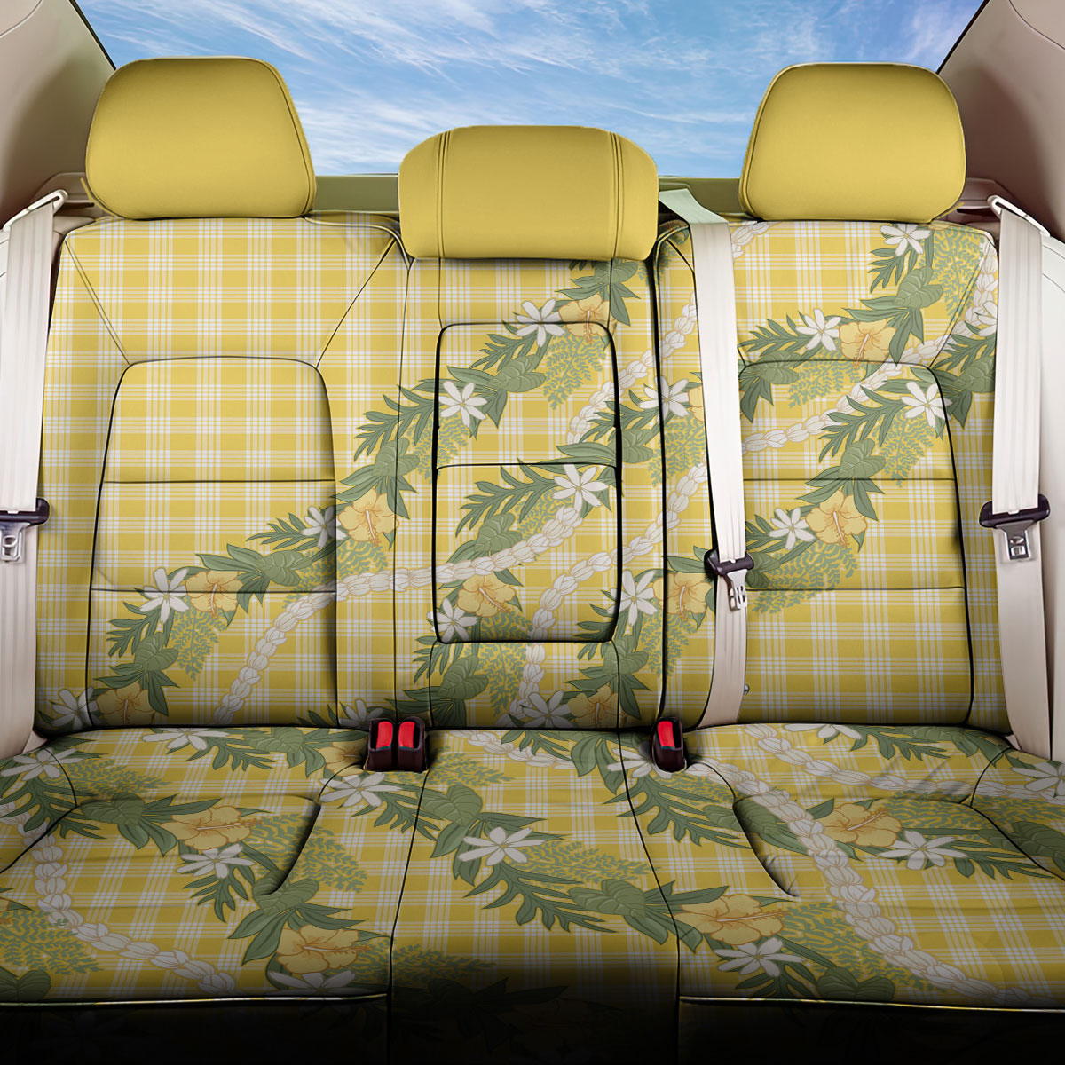 Aloha Puakenikeni Anthurium Pikake Lei Back Car Seat Cover Gold Hawaiian Palaka Pattern LT9 One Size Gold - Polynesian Pride