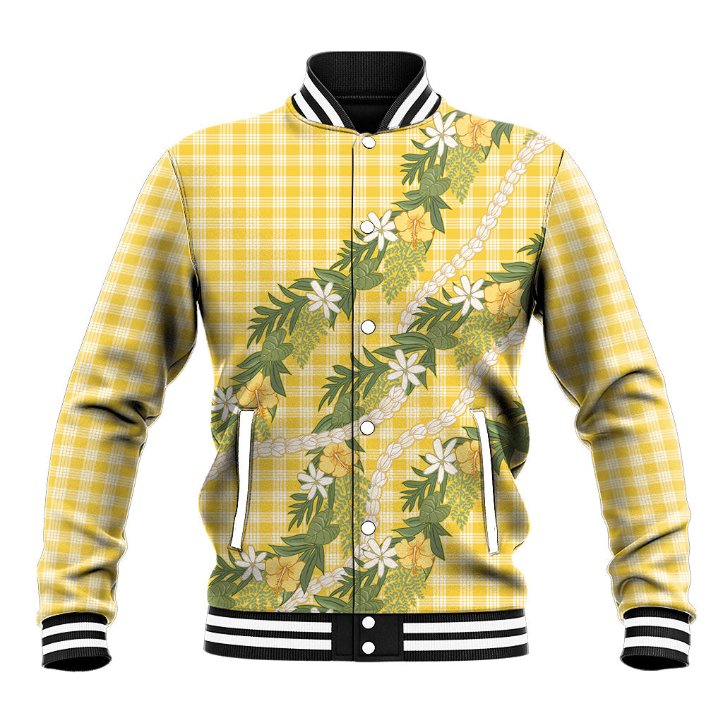 Aloha Puakenikeni Anthurium Pikake Lei Baseball Jacket Gold Hawaiian Palaka Pattern LT9 Unisex Gold - Polynesian Pride