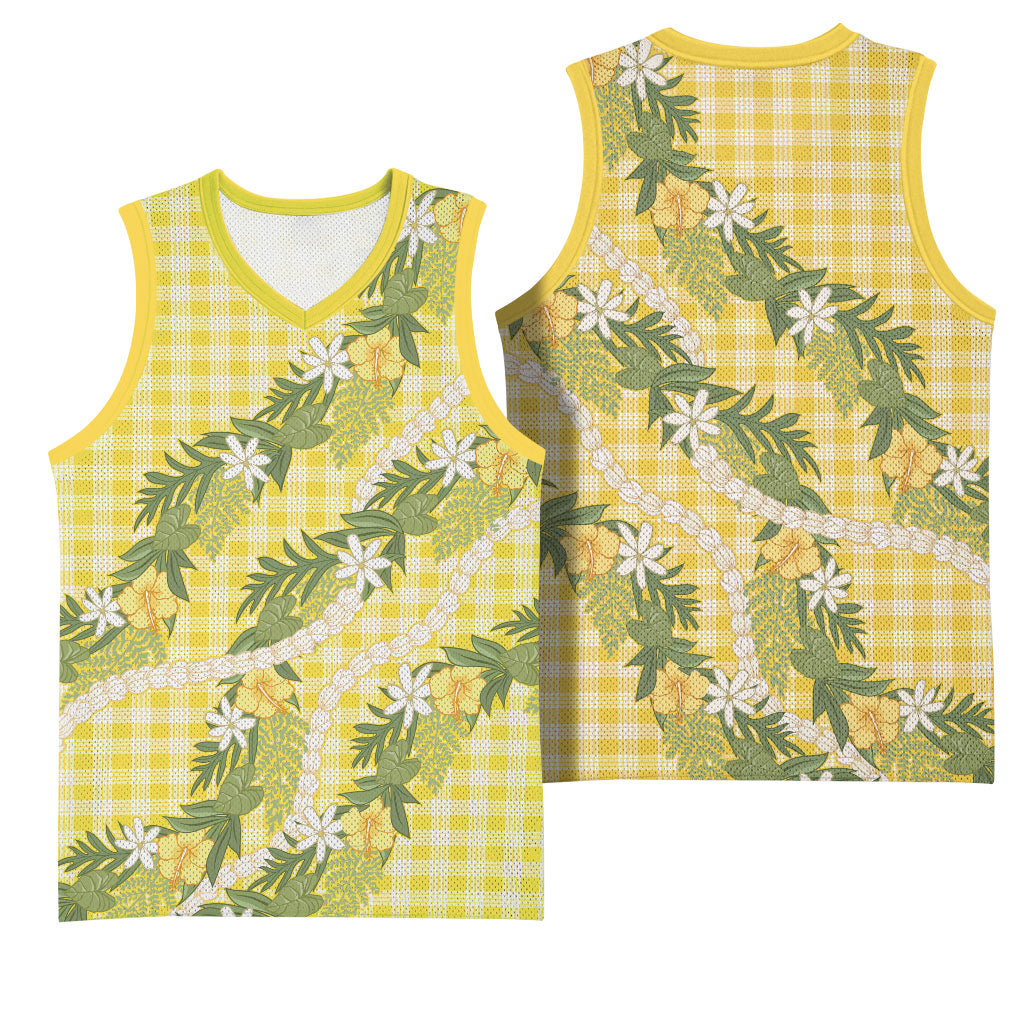 Aloha Puakenikeni Anthurium Pikake Lei Basketball Jersey Gold Hawaiian Palaka Pattern