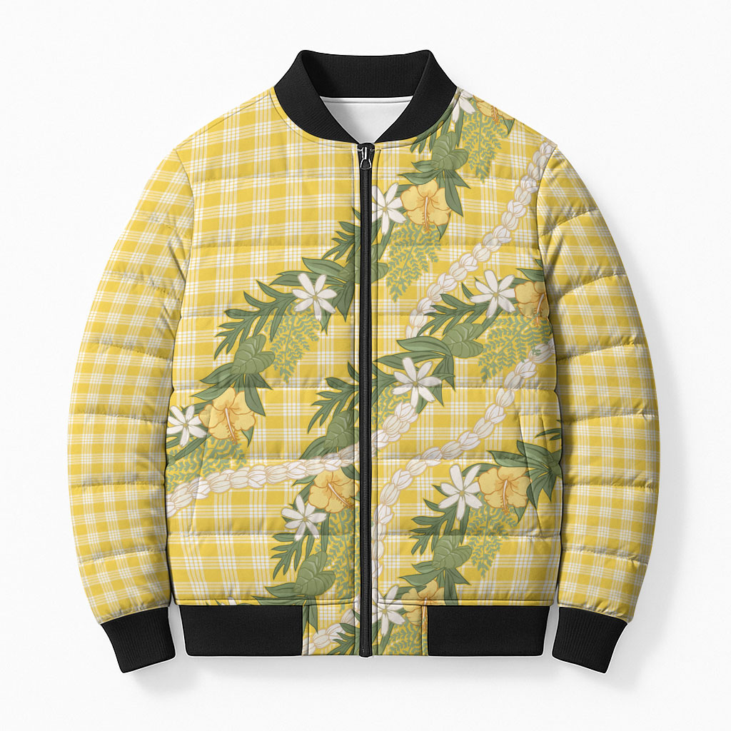 Aloha Puakenikeni Anthurium Pikake Lei Bomber Puffer Jacket Gold Hawaiian Palaka Pattern LT9 Unisex Gold - Polynesian Pride