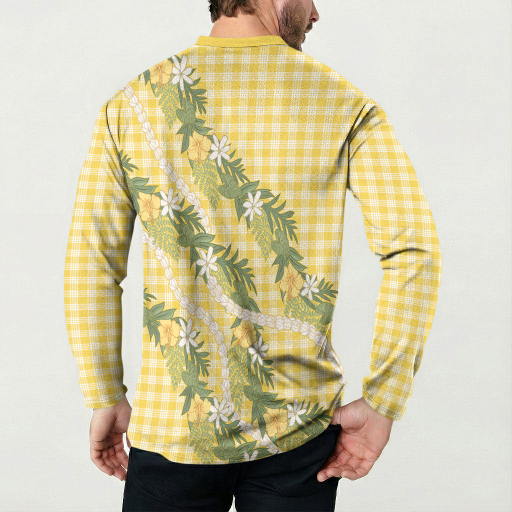 Aloha Puakenikeni Anthurium Pikake Lei Button Sweatshirt Gold Hawaiian Palaka Pattern