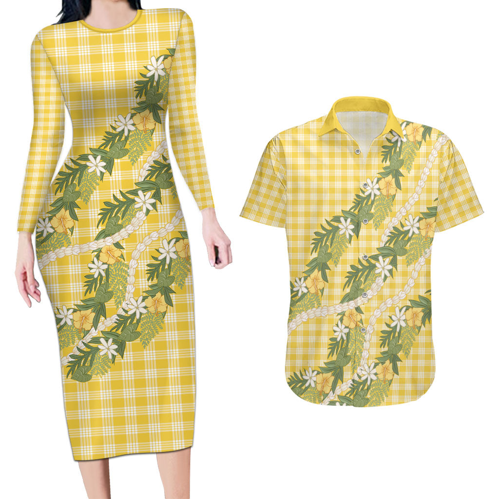Aloha Puakenikeni Anthurium Pikake Lei Couples Matching Long Sleeve Bodycon Dress and Hawaiian Shirt Gold Hawaiian Palaka Pattern LT9 Gold - Polynesian Pride