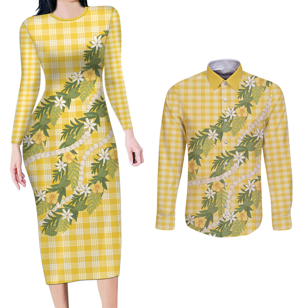 Aloha Puakenikeni Anthurium Pikake Lei Couples Matching Long Sleeve Bodycon Dress and Long Sleeve Button Shirt Gold Hawaiian Palaka Pattern LT9 Gold - Polynesian Pride