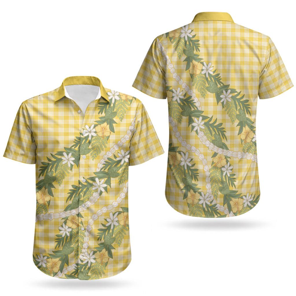 Aloha Puakenikeni Anthurium Pikake Lei Couples Matching Mermaid Dress and Hawaiian Shirt Gold Hawaiian Palaka Pattern LT9 - Polynesian Pride