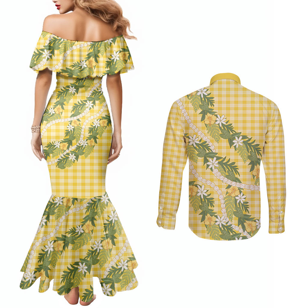 Aloha Puakenikeni Anthurium Pikake Lei Couples Matching Mermaid Dress and Long Sleeve Button Shirt Gold Hawaiian Palaka Pattern
