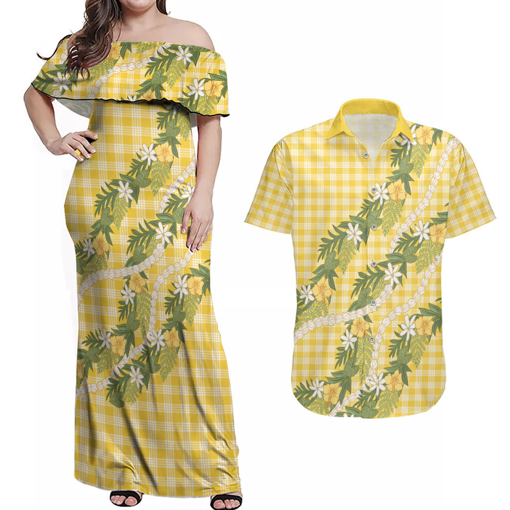 Aloha Puakenikeni Anthurium Pikake Lei Couples Matching Off Shoulder Maxi Dress and Hawaiian Shirt Gold Hawaiian Palaka Pattern LT9 Gold - Polynesian Pride