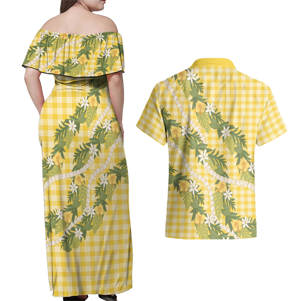 Aloha Puakenikeni Anthurium Pikake Lei Couples Matching Off Shoulder Maxi Dress and Hawaiian Shirt Gold Hawaiian Palaka Pattern
