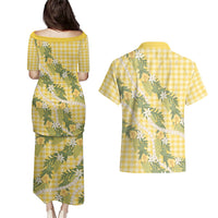 Aloha Puakenikeni Anthurium Pikake Lei Couples Matching Puletasi and Hawaiian Shirt Gold Hawaiian Palaka Pattern
