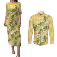 Aloha Puakenikeni Anthurium Pikake Lei Couples Matching Puletasi and Long Sleeve Button Shirt Gold Hawaiian Palaka Pattern