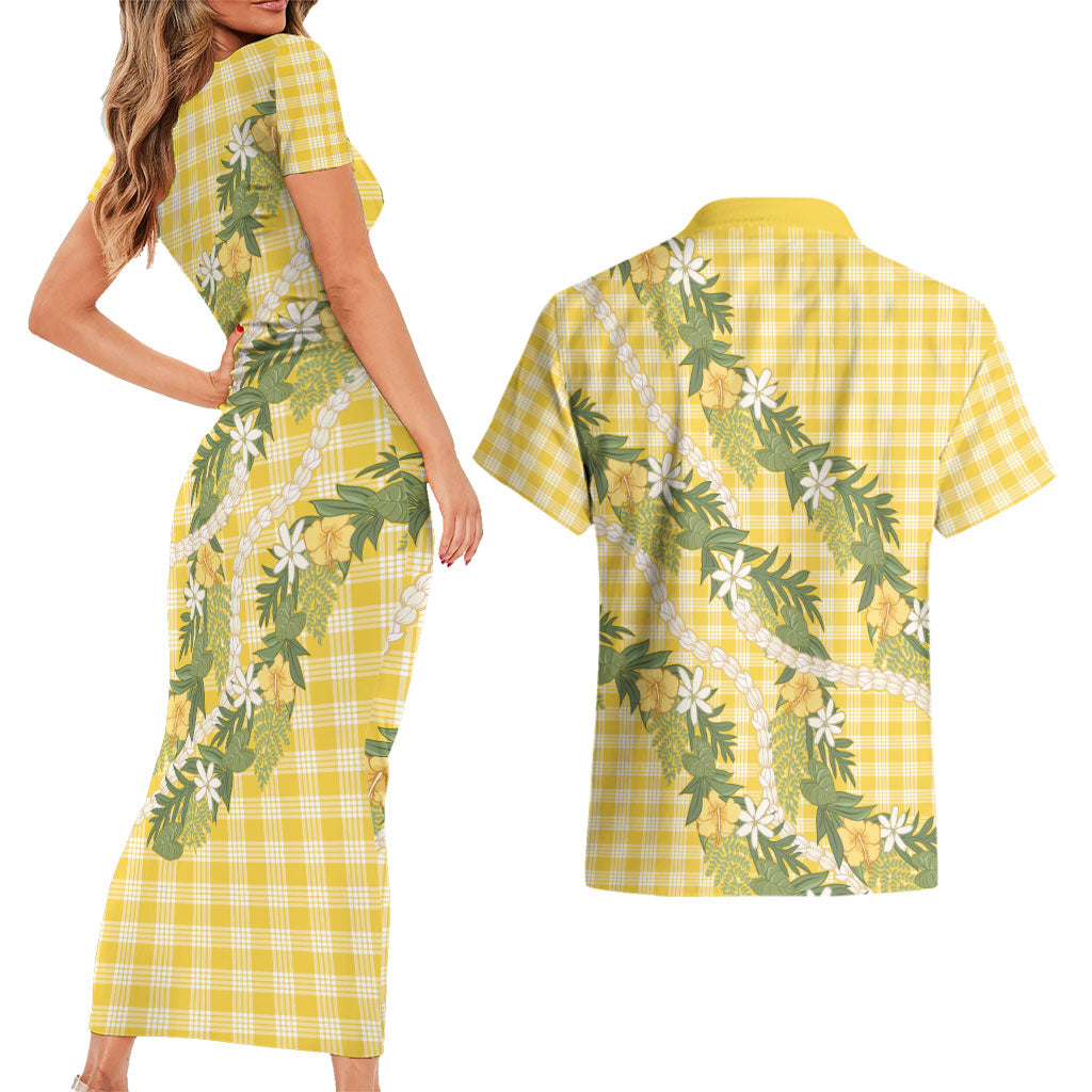 Aloha Puakenikeni Anthurium Pikake Lei Couples Matching Short Sleeve Bodycon Dress and Hawaiian Shirt Gold Hawaiian Palaka Pattern