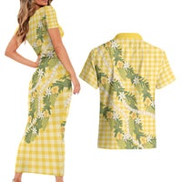 Aloha Puakenikeni Anthurium Pikake Lei Couples Matching Short Sleeve Bodycon Dress and Hawaiian Shirt Gold Hawaiian Palaka Pattern