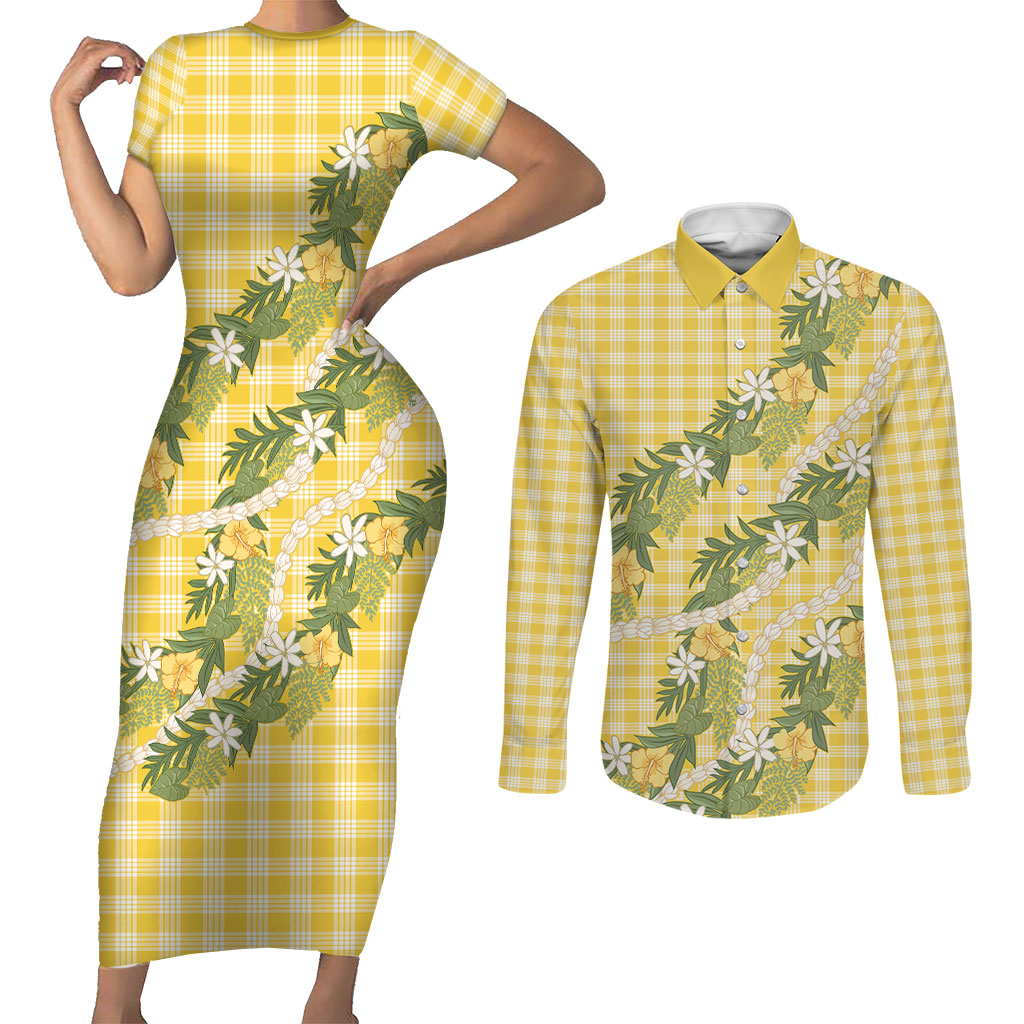 Aloha Puakenikeni Anthurium Pikake Lei Couples Matching Short Sleeve Bodycon Dress and Long Sleeve Button Shirt Gold Hawaiian Palaka Pattern