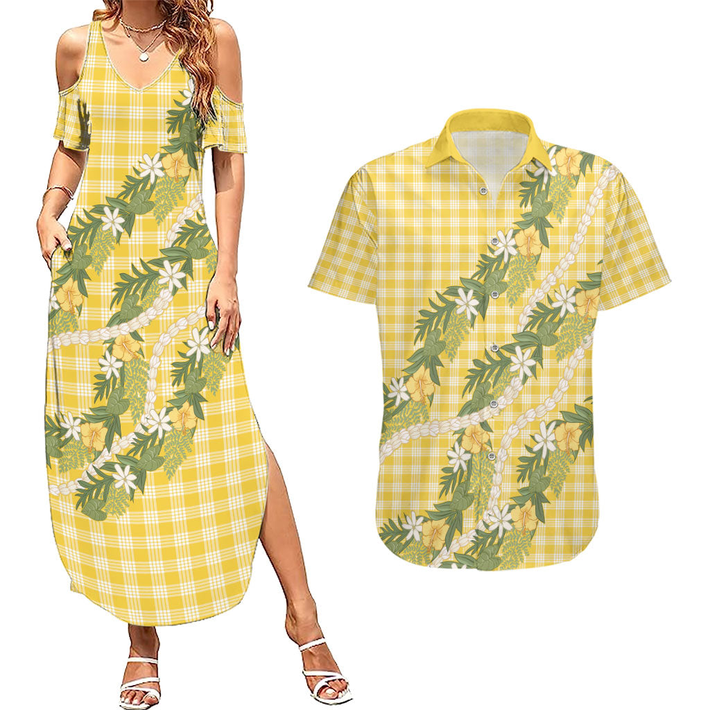 Aloha Puakenikeni Anthurium Pikake Lei Couples Matching Summer Maxi Dress and Hawaiian Shirt Gold Hawaiian Palaka Pattern