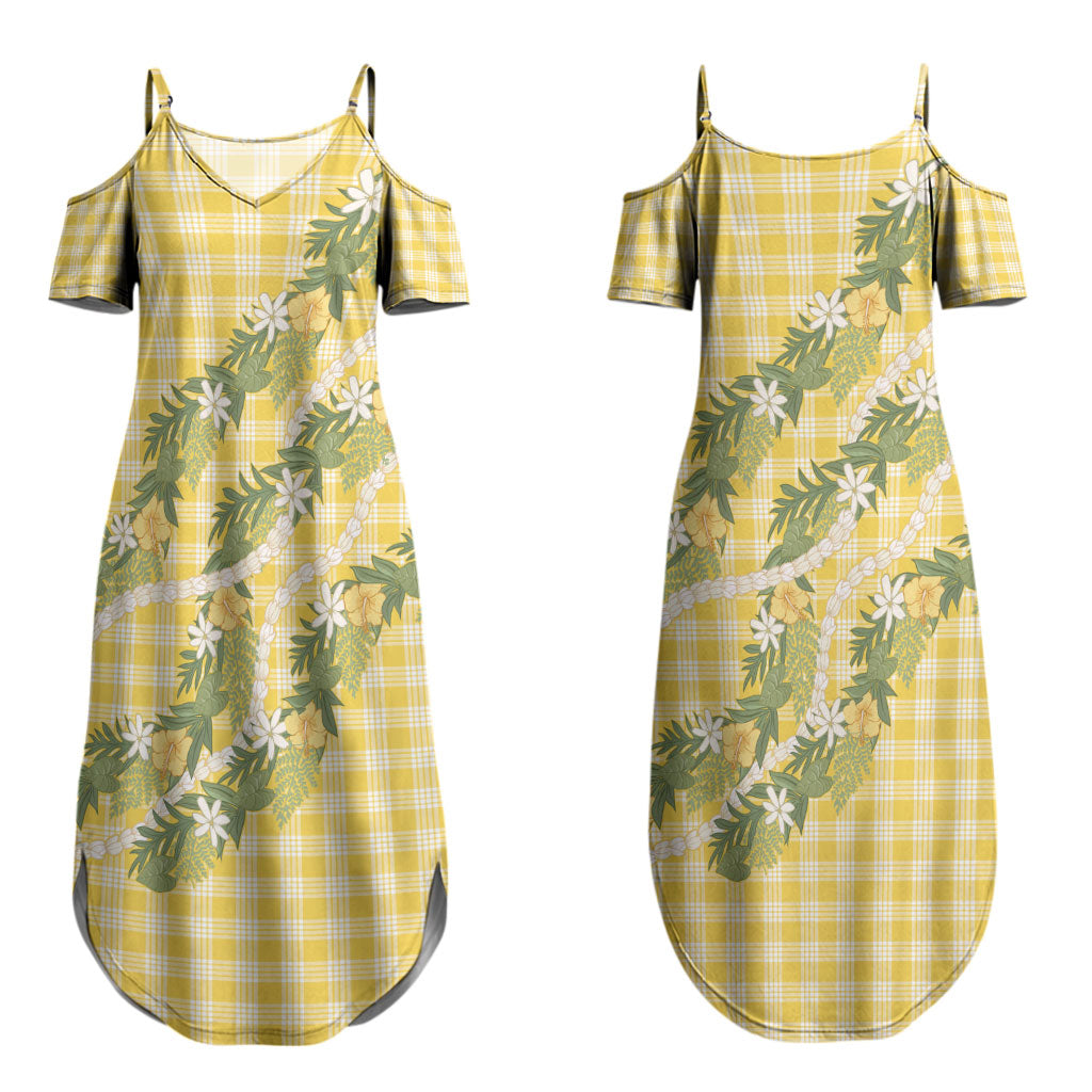 Aloha Puakenikeni Anthurium Pikake Lei Couples Matching Summer Maxi Dress and Hawaiian Shirt Gold Hawaiian Palaka Pattern LT9 - Polynesian Pride