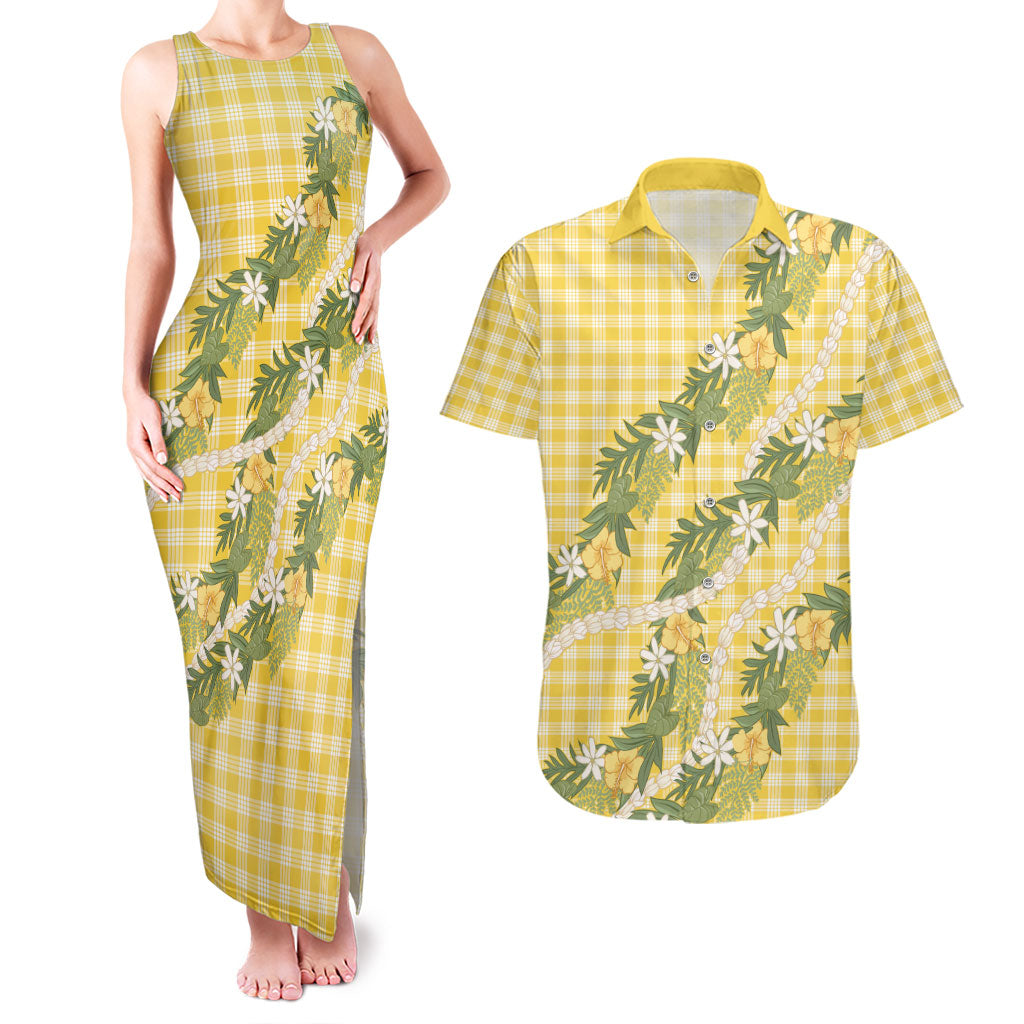 Aloha Puakenikeni Anthurium Pikake Lei Couples Matching Tank Maxi Dress and Hawaiian Shirt Gold Hawaiian Palaka Pattern LT9 Gold - Polynesian Pride