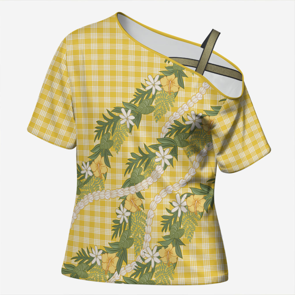 Aloha Puakenikeni Anthurium Pikake Lei Cross Shoulder Shirt Gold Hawaiian Palaka Pattern