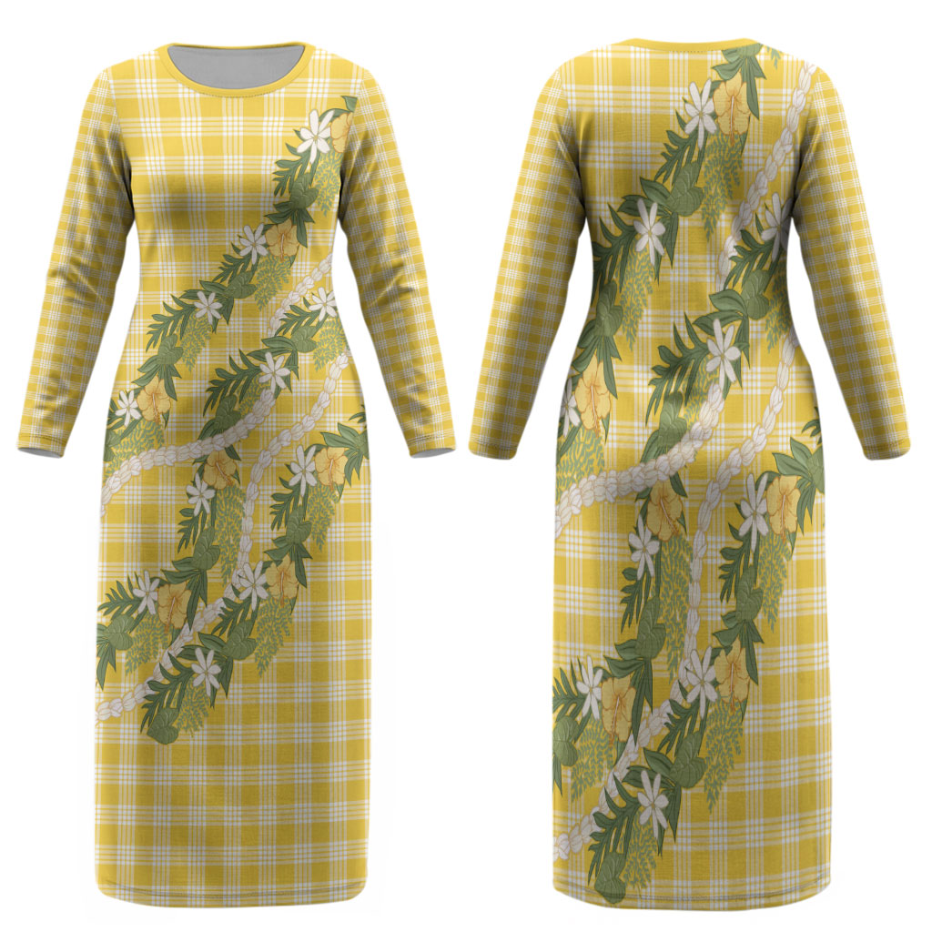 Aloha Puakenikeni Anthurium Pikake Lei Family Matching Long Sleeve Bodycon Dress and Hawaiian Shirt Gold Hawaiian Palaka Pattern LT9 Mom's Dress Gold - Polynesian Pride
