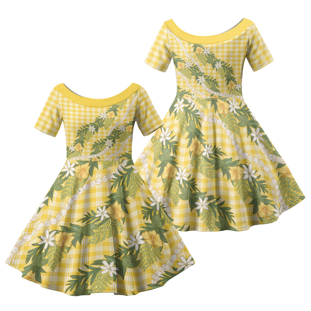 Aloha Puakenikeni Anthurium Pikake Lei Family Matching Long Sleeve Bodycon Dress and Hawaiian Shirt Gold Hawaiian Palaka Pattern LT9 Daughter's Dress Gold - Polynesian Pride