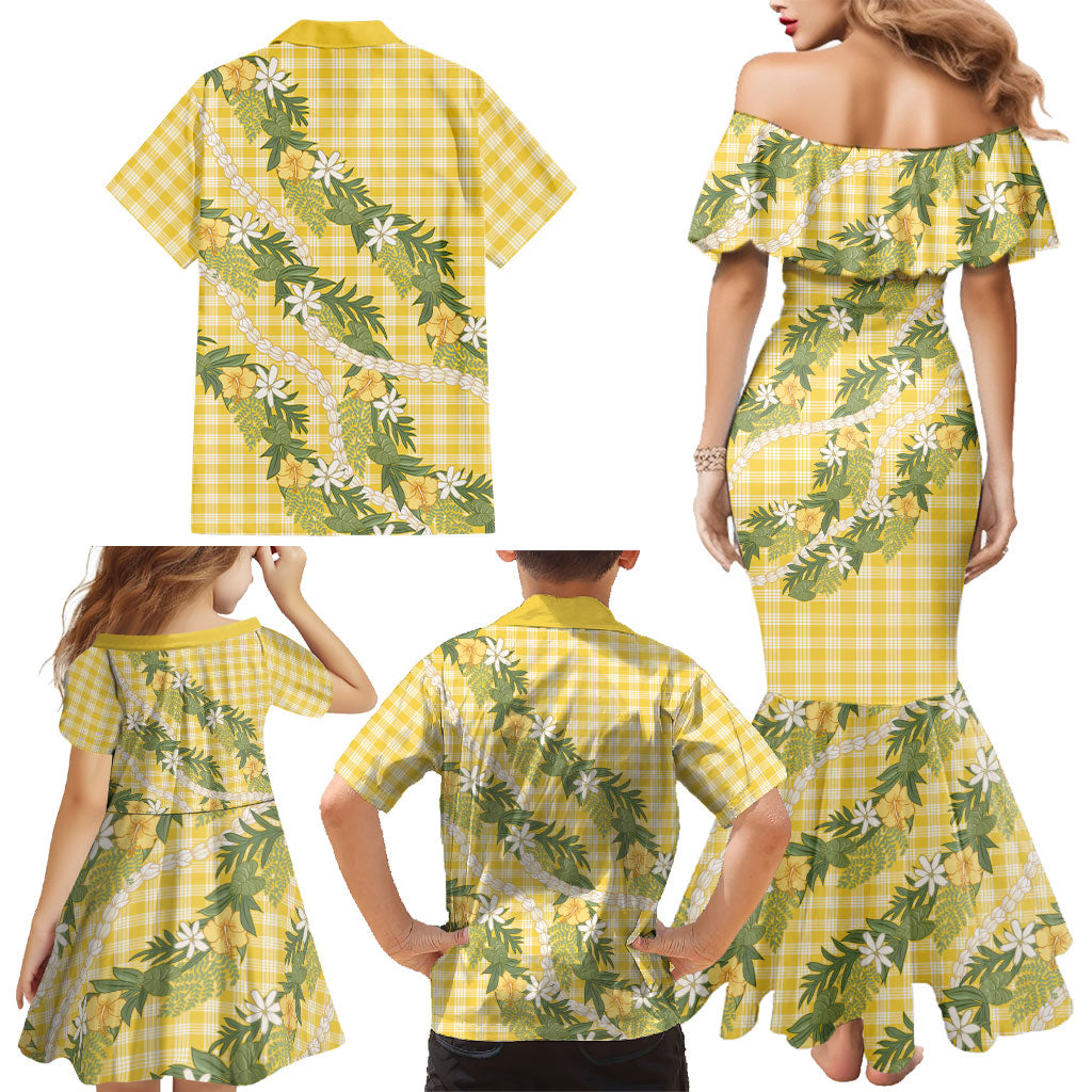 Aloha Puakenikeni Anthurium Pikake Lei Family Matching Mermaid Dress and Hawaiian Shirt Gold Hawaiian Palaka Pattern