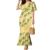 Aloha Puakenikeni Anthurium Pikake Lei Family Matching Mermaid Dress and Hawaiian Shirt Gold Hawaiian Palaka Pattern