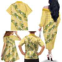 Aloha Puakenikeni Anthurium Pikake Lei Family Matching Off The Shoulder Long Sleeve Dress and Hawaiian Shirt Gold Hawaiian Palaka Pattern