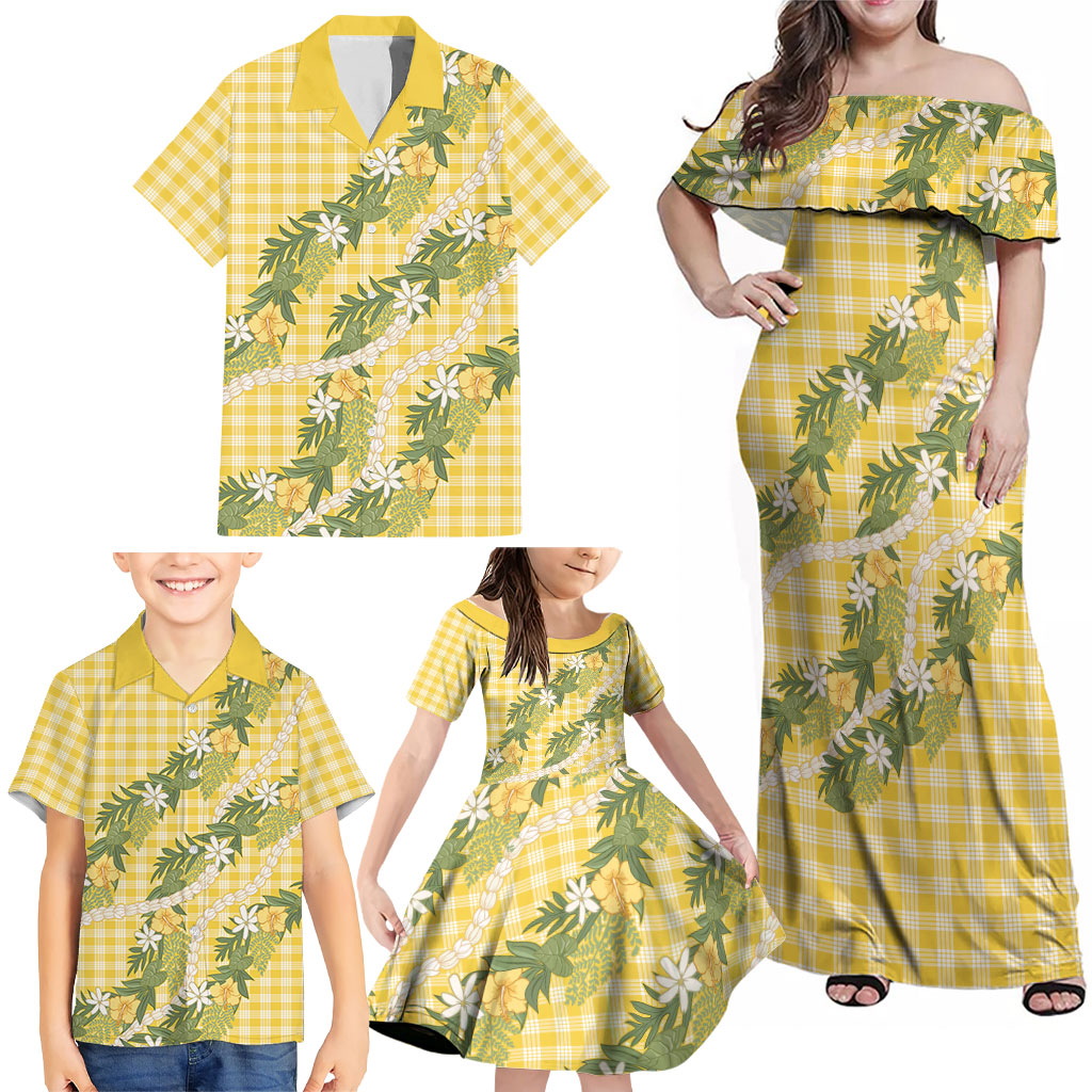 Aloha Puakenikeni Anthurium Pikake Lei Family Matching Off Shoulder Maxi Dress and Hawaiian Shirt Gold Hawaiian Palaka Pattern LT9 - Polynesian Pride