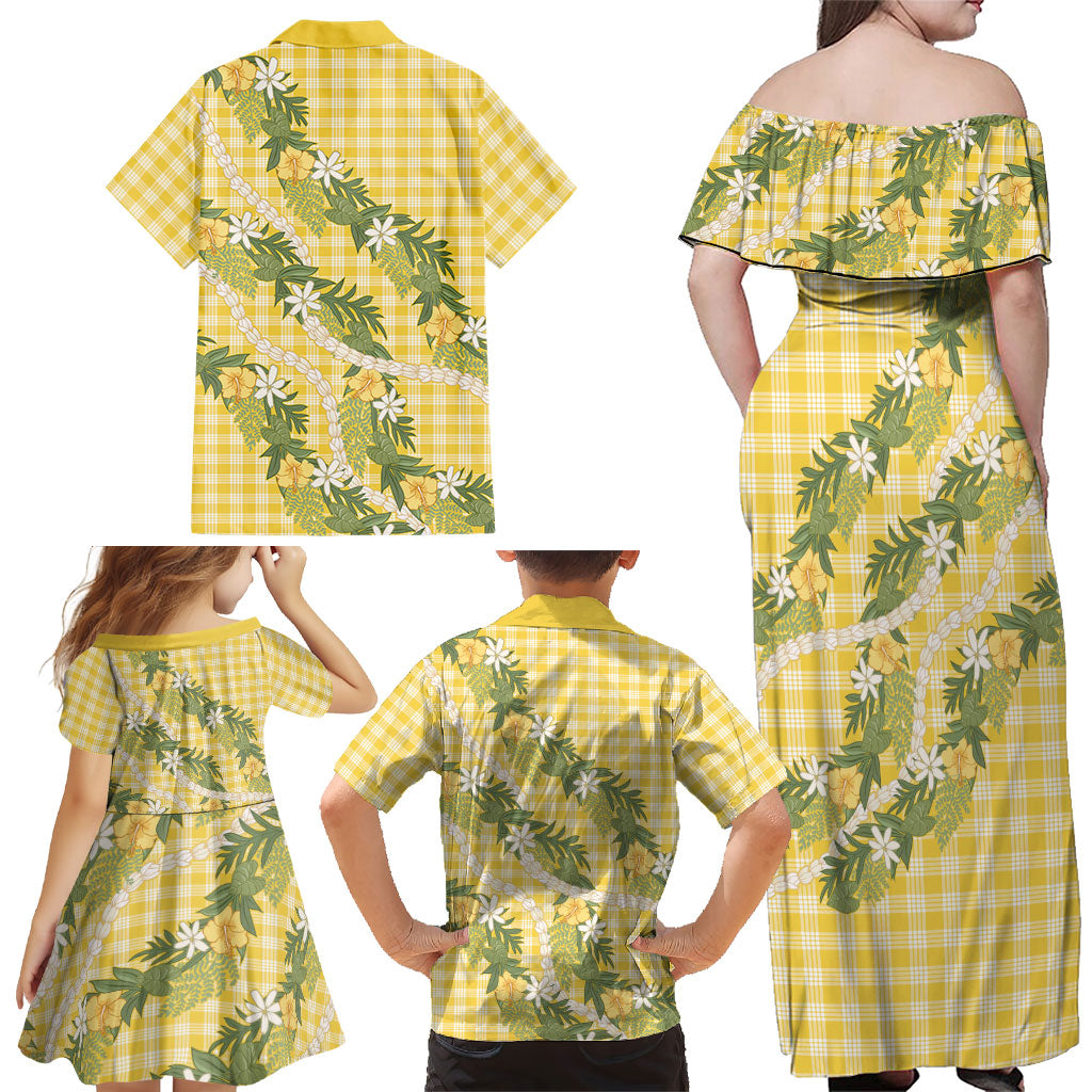 Aloha Puakenikeni Anthurium Pikake Lei Family Matching Off Shoulder Maxi Dress and Hawaiian Shirt Gold Hawaiian Palaka Pattern